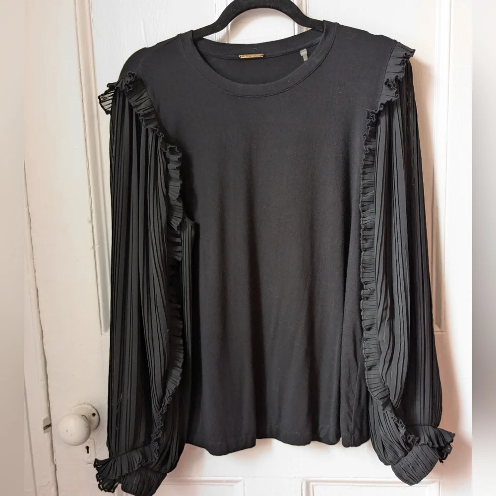 Elie Tahari Black Ruffled Top with Sheer Balloon Sleeves - Size L
